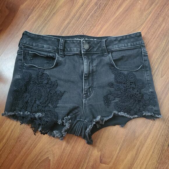 American Eagle Hi-Rise Shortie Lace Embroidery Black Denim Shorts Women's 10 - Picture 14 of 14